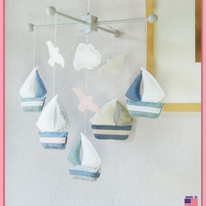 Baby Mobile: Watercolor Sailboats and Seagull Theme, Ceiling Hanging Decor. Grayish Blue Granite Light Pink White image 1