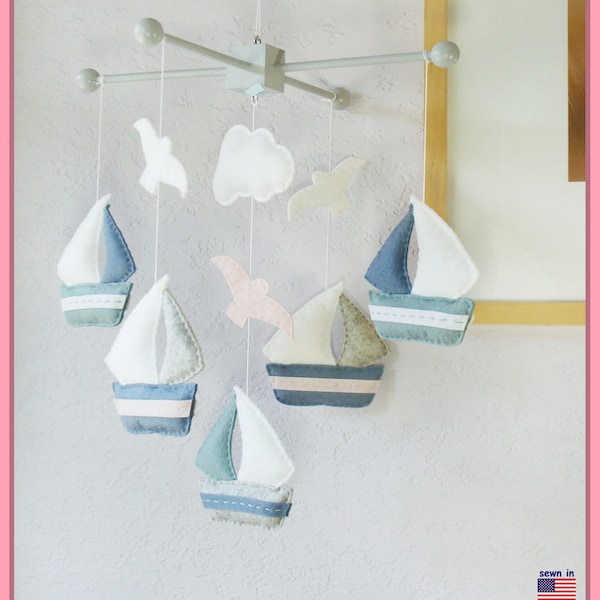 Baby Mobile: Watercolor Sailboats and Seagull Theme, Ceiling Hanging Decor. Grayish Blue Granite Light Pink White