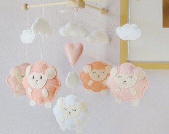 Baby Mobile: Coral Little Lamb with Pink Heart Theme, Gender Neutral Baby Shower Gift Idea. Baby Pink Coral White