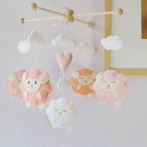 Baby Mobile: Coral Little Lamb with Pink Heart Theme, Gender Neutral Baby Shower Gift Idea. Baby Pink Coral White