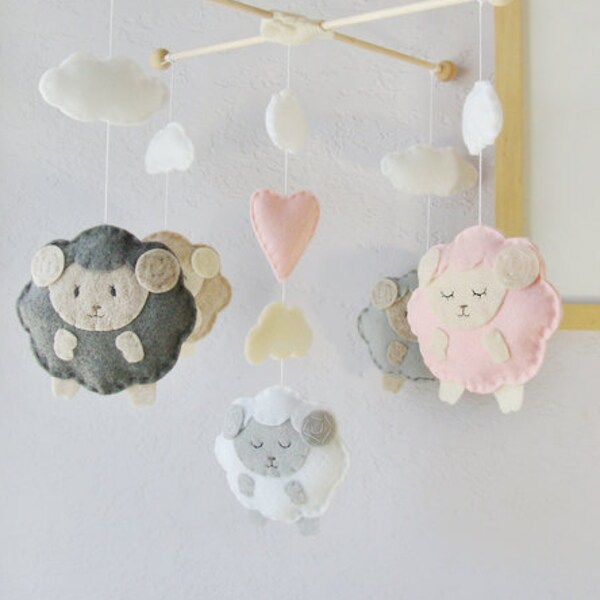 Baby Mobile: Gender Neutral Little Lamb with Pink Heart Theme, Baby Shower Gift Idea. Anqitue White Baby Pink Gray Smoke Sandstone