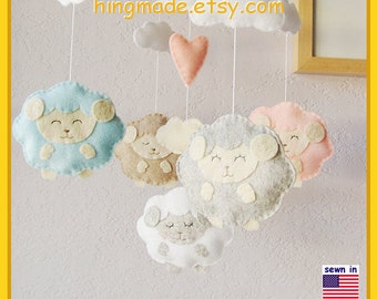 Baby Mobile: Pastel Colors Little Lamb with Pink Heart Theme, Gender Neutral Nursery Decor. Baby Pink Powder Blue Granite White