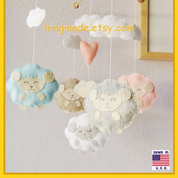 Baby Mobile: Pastel Colors Little Lamb with Pink Heart Theme, Gender Neutral Nursery Decor. Baby Pink Powder Blue Granite White