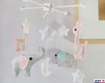 Baby Mobile, Baby Crib Mobile, Elephant and Giraffe Mobile, Baby Girl Mobile, Starry Night, Pink and Gray, Custom Mobile