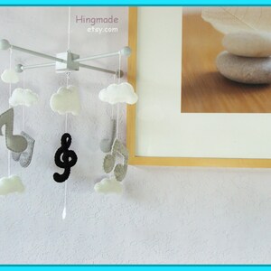 Music Note Mobile: Modern Baby Mobile, Musical Note Nursery, Music Note and Clouds Decor, Kids Room Music Design. Black Grey and White image 6