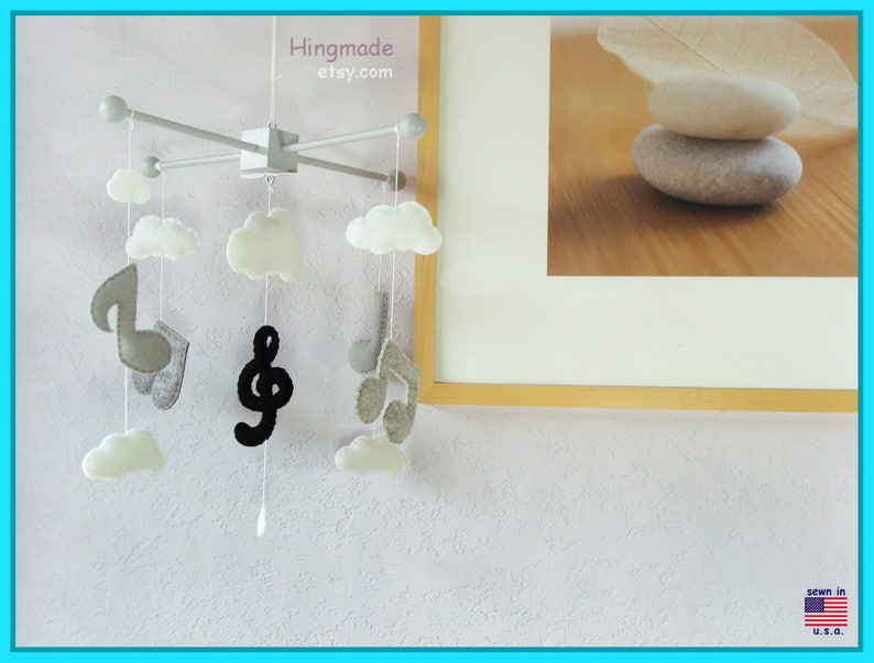 Music Note Mobile: Modern Baby Mobile, Musical Note Nursery, Music Note and Clouds Decor, Kids Room Music Design. Black Grey and White image 6