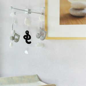 Music Note Mobile: Modern Baby Mobile, Musical Note Nursery, Music Note and Clouds Decor, Kids Room Music Design. Black Grey and White image 4