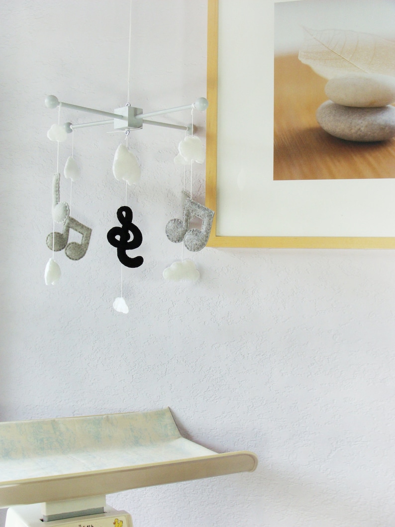 Music Note Mobile: Modern Baby Mobile, Musical Note Nursery, Music Note and Clouds Decor, Kids Room Music Design. Black Grey and White image 4