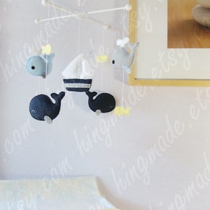 Whale and Sailboat Mobile: Navy Blue Nautical Baby Boy Nursery, Whale Family Under the Sea Navy Baby Blue Gray Light Yellow image 4