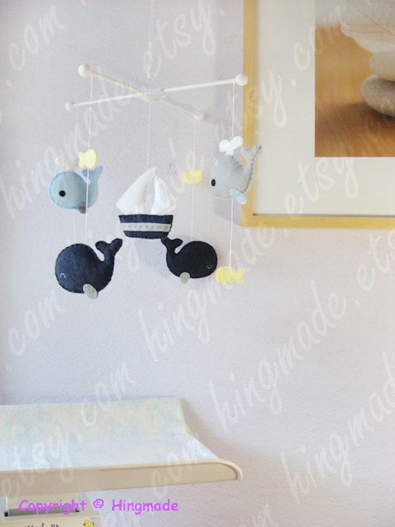 Whale and Sailboat Mobile: Navy Blue Nautical Baby Boy Nursery, Whale Family Under the Sea Navy Baby Blue Gray Light Yellow image 4