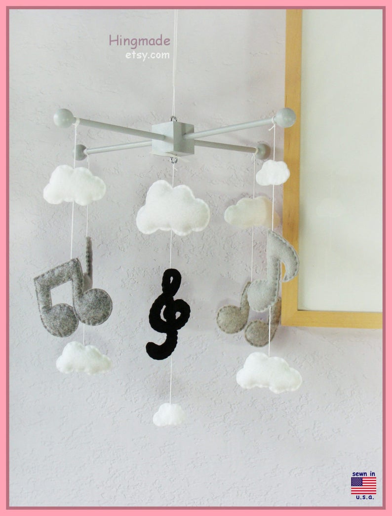 Music Note Mobile: Modern Baby Mobile, Musical Note Nursery, Music Note and Clouds Decor, Kids Room Music Design. Black Grey and White image 5