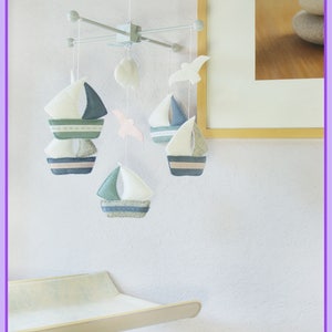 Baby Mobile: Watercolor Sailboats and Seagull Theme, Ceiling Hanging Decor. Grayish Blue Granite Light Pink White image 4
