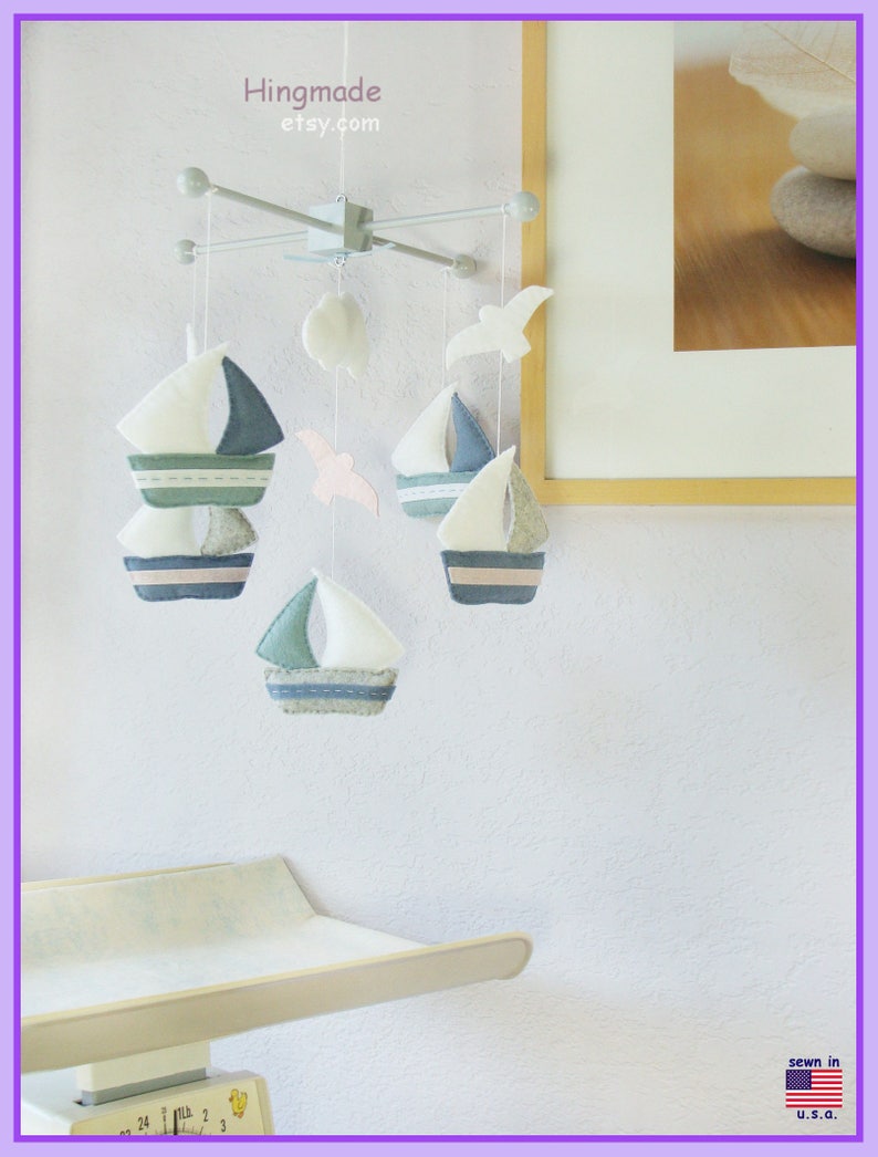 Baby Mobile: Watercolor Sailboats and Seagull Theme, Ceiling Hanging Decor. Grayish Blue Granite Light Pink White image 4