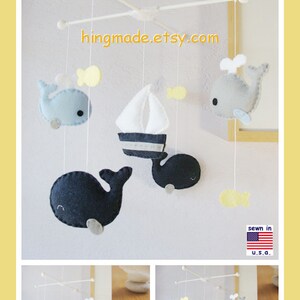 Whale and Sailboat Mobile: Navy Blue Nautical Baby Boy Nursery, Whale Family Under the Sea Navy Baby Blue Gray Light Yellow image 2