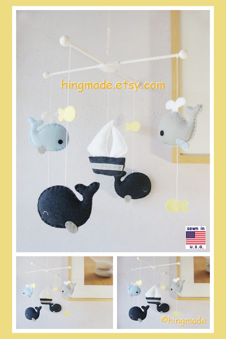 Whale and Sailboat Mobile: Navy Blue Nautical Baby Boy Nursery, Whale Family Under the Sea Navy Baby Blue Gray Light Yellow image 2