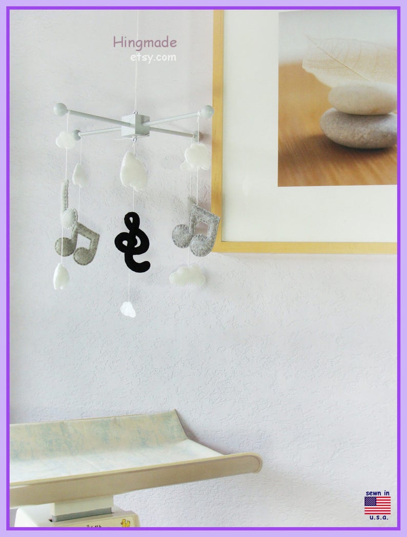 Music Note Mobile: Modern Baby Mobile, Musical Note Nursery, Music Note and Clouds Decor, Kids Room Music Design. Black Grey and White image 7