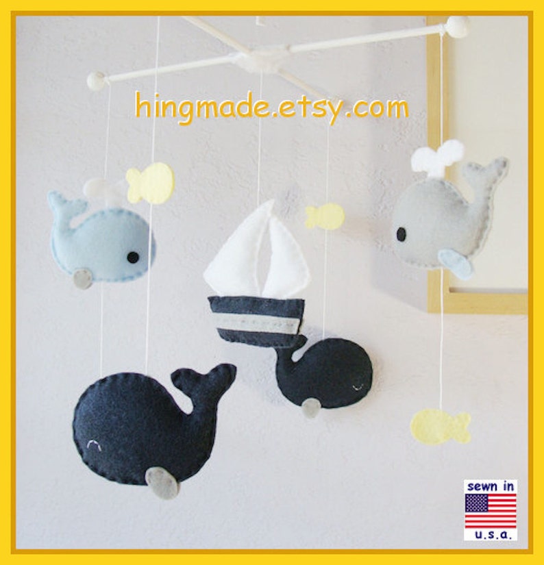 Whale and Sailboat Mobile: Navy Blue Nautical Baby Boy Nursery, Whale Family Under the Sea Navy Baby Blue Gray Light Yellow image 1
