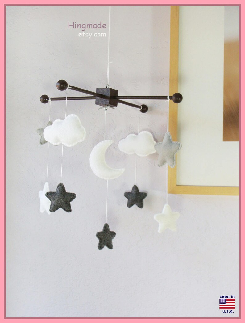 Baby Crib Mobile Crescent Moon Stars and Clouds Neutral Etsy