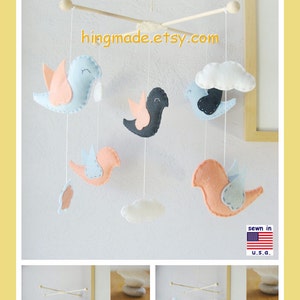 Baby Cot Mobile: Lovely Birds Playing in Flowers and Clouds Theme, Baby Girl Nursery. Baby Blue Coral Navy White image 2