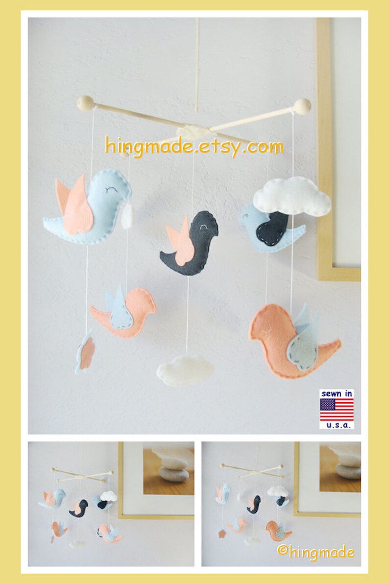 Baby Cot Mobile: Lovely Birds Playing in Flowers and Clouds Theme, Baby Girl Nursery. Baby Blue Coral Navy White image 2