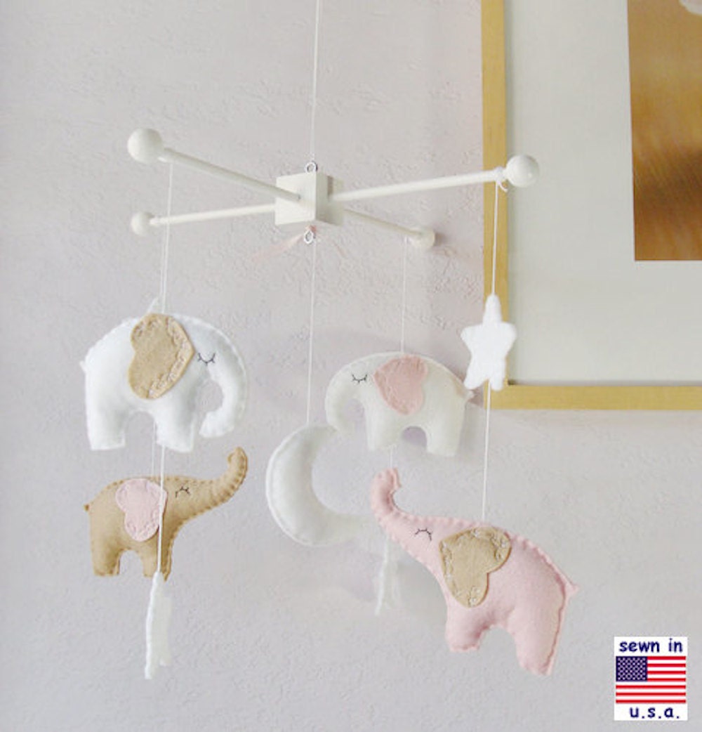 Elephant Baby Crib Mobile Petal Pink Beige Girls Nursery Etsy