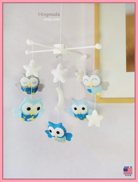 Ceiling Hanging Mobile Blue Owls Moon And Stars Theme Etsy