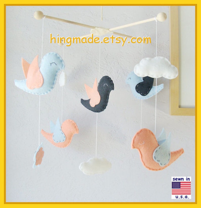 Baby Cot Mobile: Lovely Birds Playing in Flowers and Clouds Theme, Baby Girl Nursery. Baby Blue Coral Navy White image 1