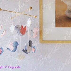 Baby Cot Mobile: Lovely Birds Playing in Flowers and Clouds Theme, Baby Girl Nursery. Baby Blue Coral Navy White image 5