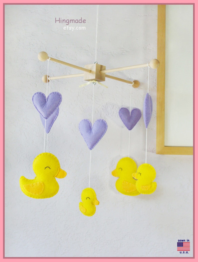 Duck Baby Mobile: Lavender Purple Hearts and Yellow Duck Family Baby Crib Mobile image 1