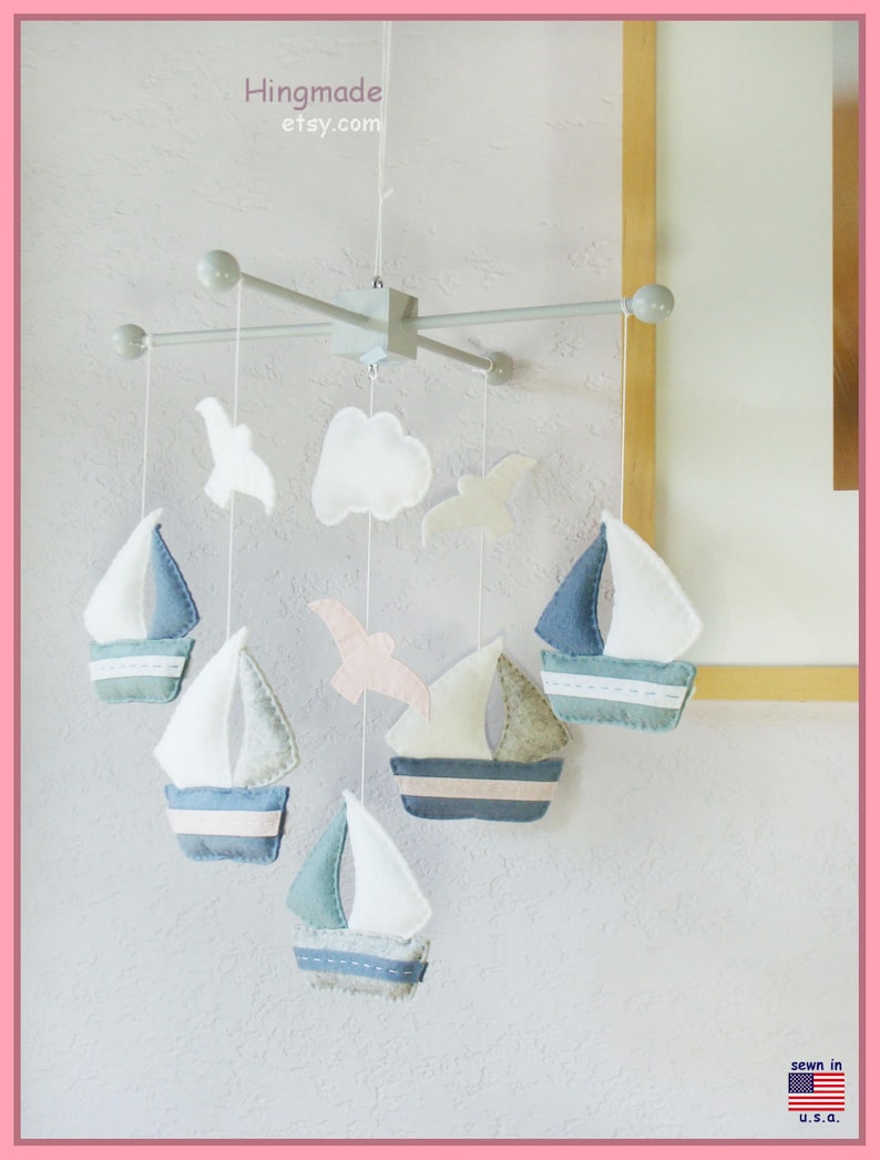 Baby Mobile: Watercolor Sailboats and Seagull Theme, Ceiling Hanging Decor. Grayish Blue Granite Light Pink White image 1