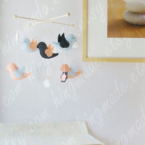 Baby Cot Mobile: Lovely Birds Playing in Flowers and Clouds Theme, Baby Girl Nursery. Baby Blue Coral Navy White image 4