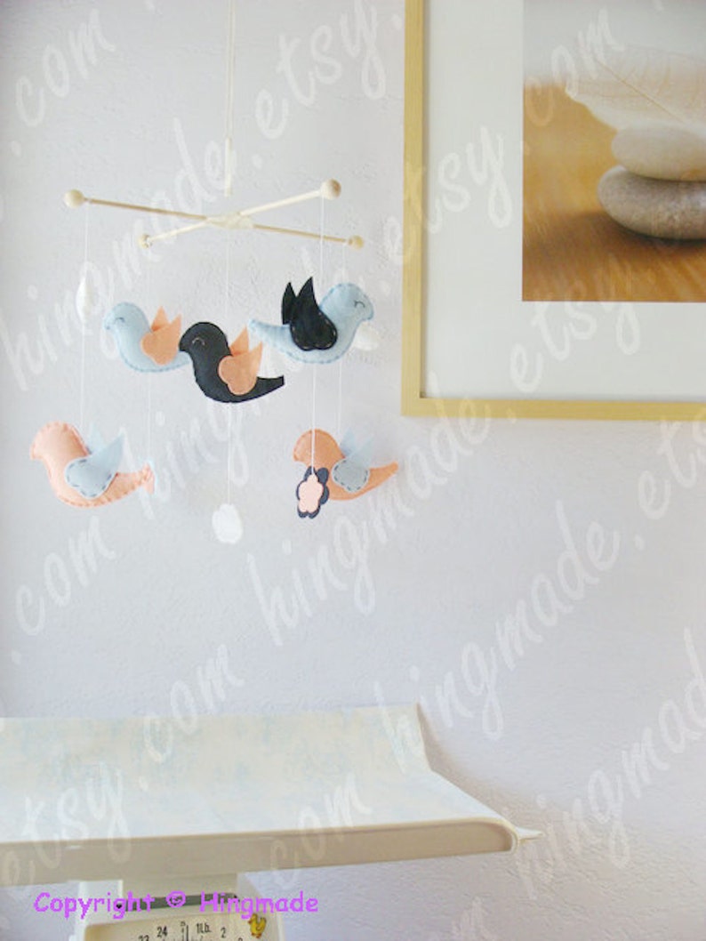 Baby Cot Mobile: Lovely Birds Playing in Flowers and Clouds Theme, Baby Girl Nursery. Baby Blue Coral Navy White image 4