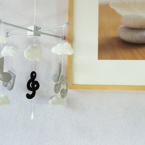 Music Note Mobile: Modern Baby Mobile, Musical Note Nursery, Music Note and Clouds Decor, Kids Room Music Design. Black Grey and White image 2