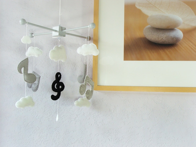 Music Note Mobile: Modern Baby Mobile, Musical Note Nursery, Music Note and Clouds Decor, Kids Room Music Design. Black Grey and White image 2