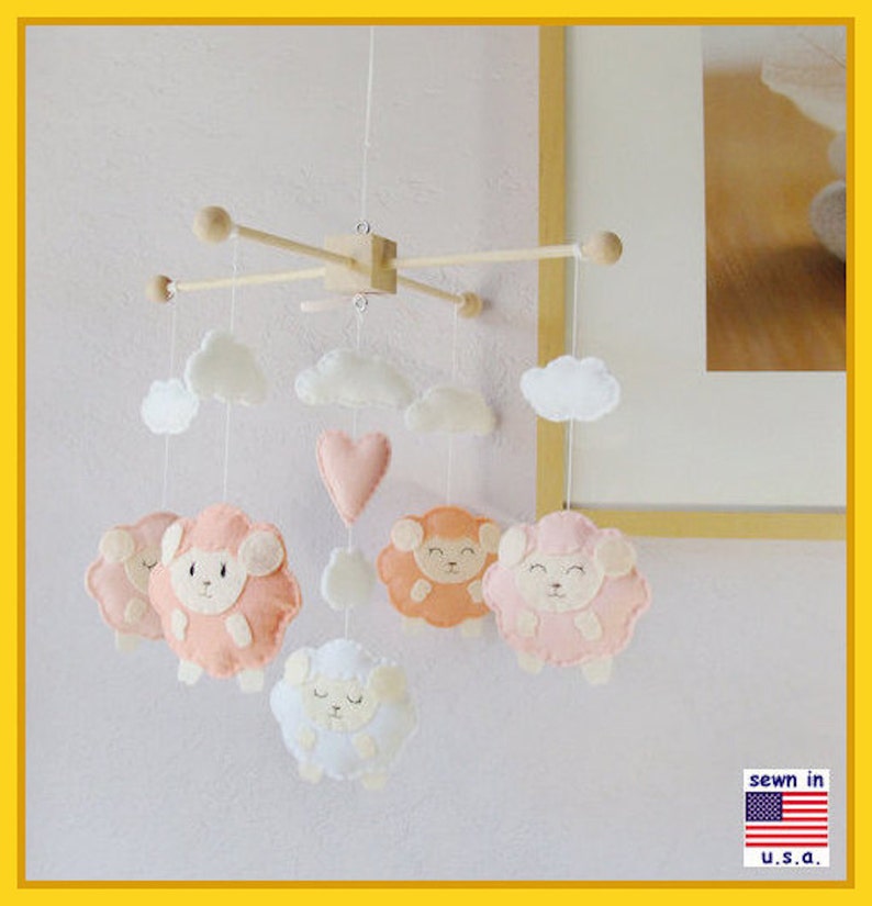 Baby Mobile Coral Little Lamb With Pink Heart Theme Gender Etsy