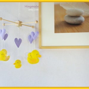 Duck Baby Mobile: Lavender Purple Hearts and Yellow Duck Family Baby Crib Mobile image 2