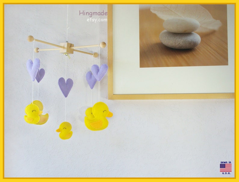 Duck Baby Mobile: Lavender Purple Hearts and Yellow Duck Family Baby Crib Mobile image 2