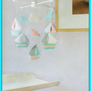 Baby Mobile: Watercolor Sailboats and Seagull Theme, Ceiling Hanging Decor. Grayish Blue Granite Light Pink White image 5