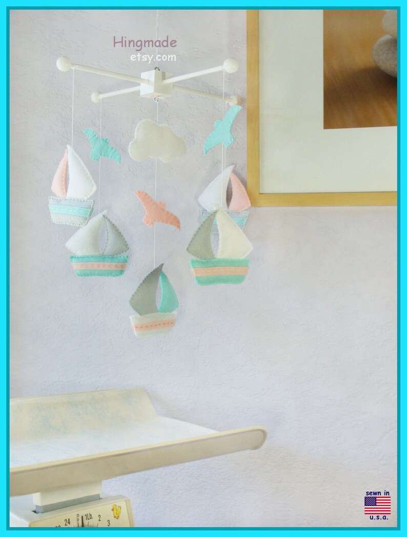 Baby Mobile: Watercolor Sailboats and Seagull Theme, Ceiling Hanging Decor. Grayish Blue Granite Light Pink White image 5