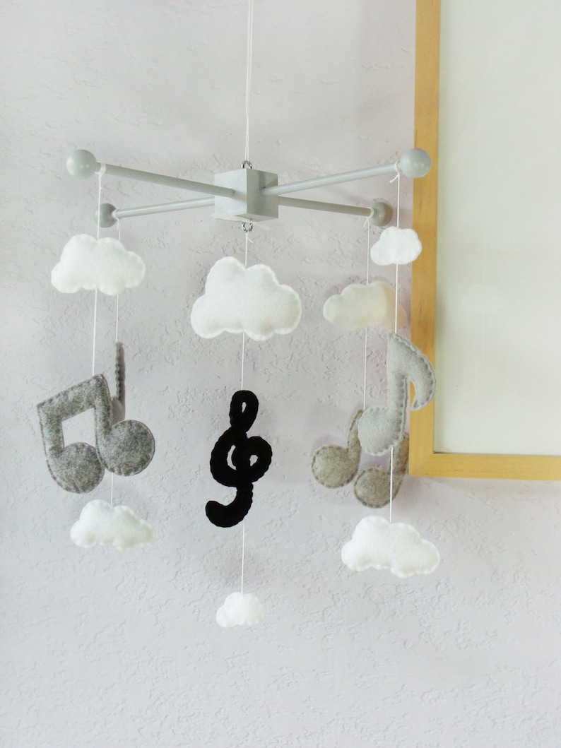 Music Note Mobile: Modern Baby Mobile, Musical Note Nursery, Music Note and Clouds Decor, Kids Room Music Design. Black Grey and White image 1