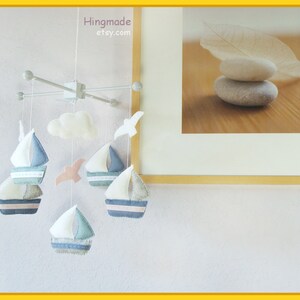 Baby Mobile: Watercolor Sailboats and Seagull Theme, Ceiling Hanging Decor. Grayish Blue Granite Light Pink White image 2