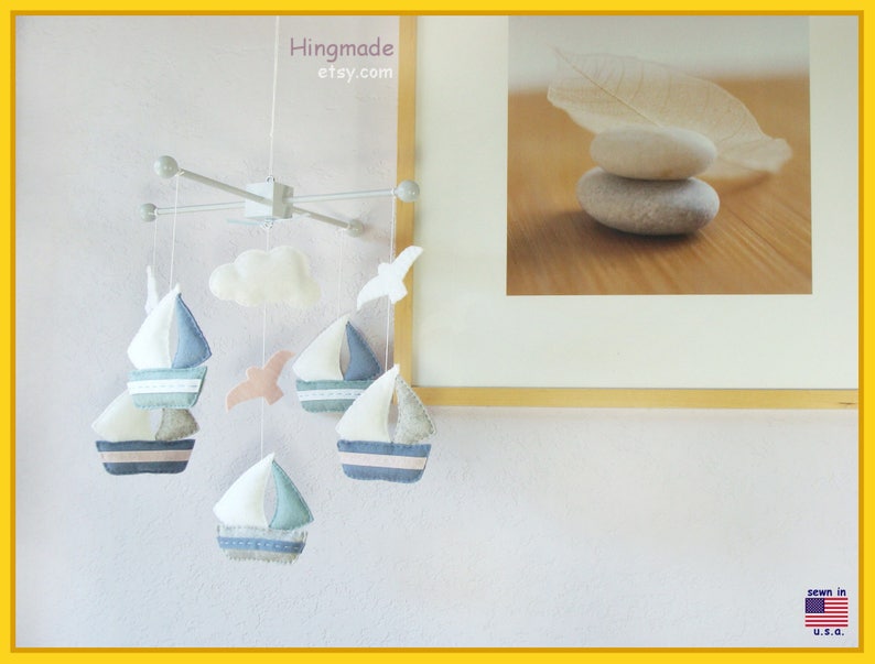 Baby Mobile: Watercolor Sailboats and Seagull Theme, Ceiling Hanging Decor. Grayish Blue Granite Light Pink White image 2