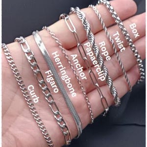 Engraved Silver Chain Necklace, Custom Name jewelry, Engrave Chain, Dainty, Rope, Paperclip, Twist, Figaro, Curb, Box Chain, Gift For Him