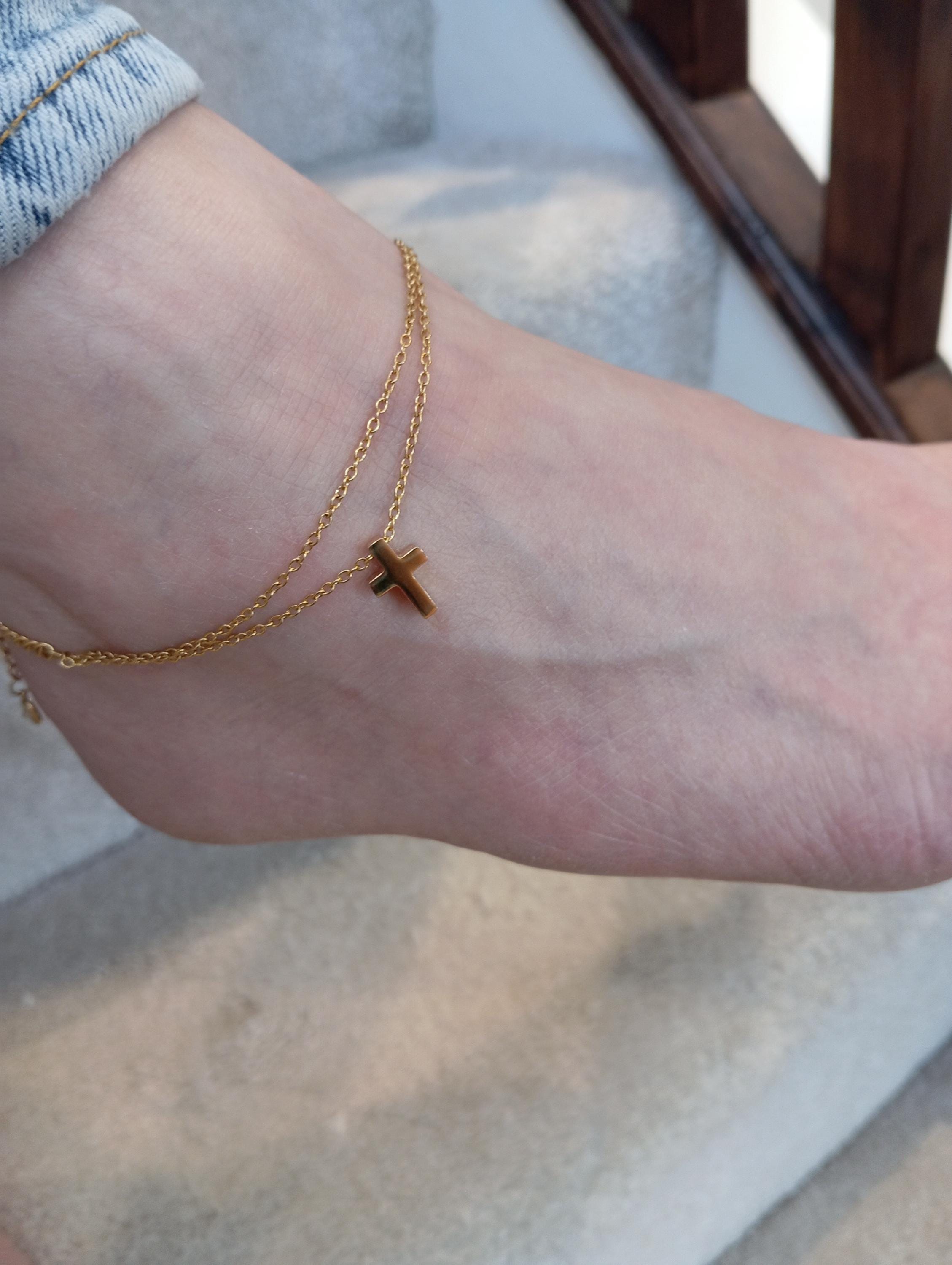 18K Gold Cross Anklet: Waterproof Dainty Chain