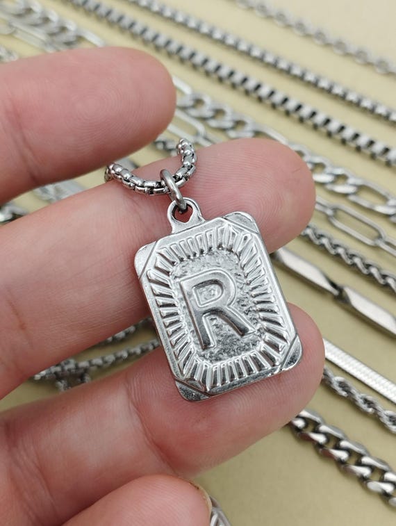 Medal Silver Initial Letter Pendant Rectangle Medallion