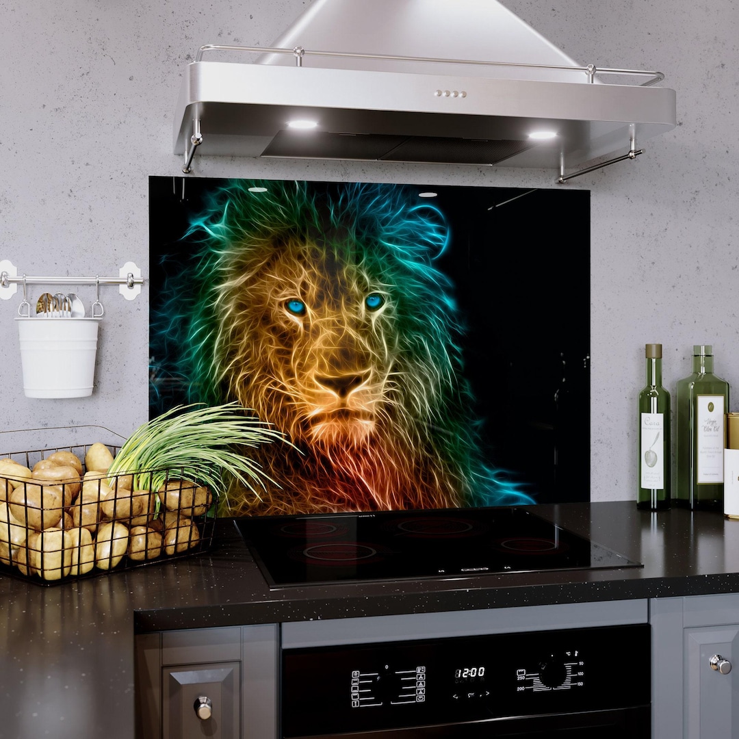 Kitchen Splashback Abstract Neon Lion Animal Tempered Glass Backsplash ...