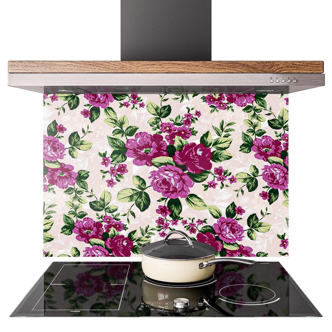 Kitchen Splashback Purple Pink Vintage Floral Pattern Tempered Glass ...