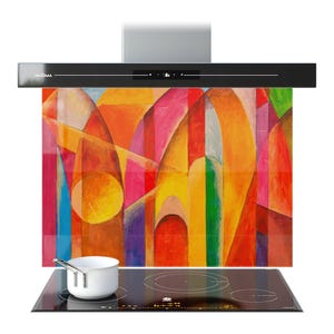 May include: A black range hood with the brand name "PRISMA" and a colourful abstract art panel. Below, a black induction hob with a white saucepan. The artwork features vibrant hues of orange, yellow, pink, and green.