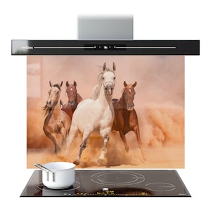 Puede incluir: Campana extractora negra con pantalla digital y panel de vidrio con una imagen de caballos corriendo. Una olla blanca se encuentra sobre una placa de cocina negra con cuatro quemadores. La imagen muestra una manada de caballos corriendo por el desierto.