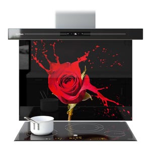 Op de afbeelding: Zwarte afzuigkap met een glazen paneel met een rood rozenontwerp en rode verfspatten. De kap heeft de merknaam "PRISMA". Een witte steelpan staat op een zwart kookveld.